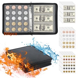 Coin Collection Book Holder for Collectors, 520 Pockets Fireproof Coins Collecting Album & 36 Sleeves Money Storage Case for Coin Currency Collection Supplies, Bill, Pennies, Quarters, Stamp