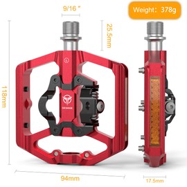 GEWAGE Bicycle Pedals, Flat Double Function and SPD Pedal with Reflectors, Flat Platform with 3 Bearings, 9/16 Inch Aluminium Click Pedals with Cleats for Road Bike, MTB (Red)