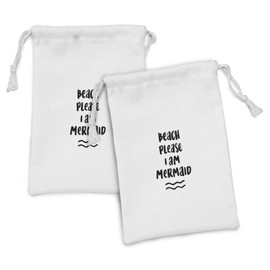 Ambesonne I'm Mermaid Fabric Pouch Set of 2, Pop Culture Pun Beach Please the Internet in Jokes Confidence Boosting Phrase, Small Drawstring Bag for Toiletries Masks and Favors, 9" x 6", Black White