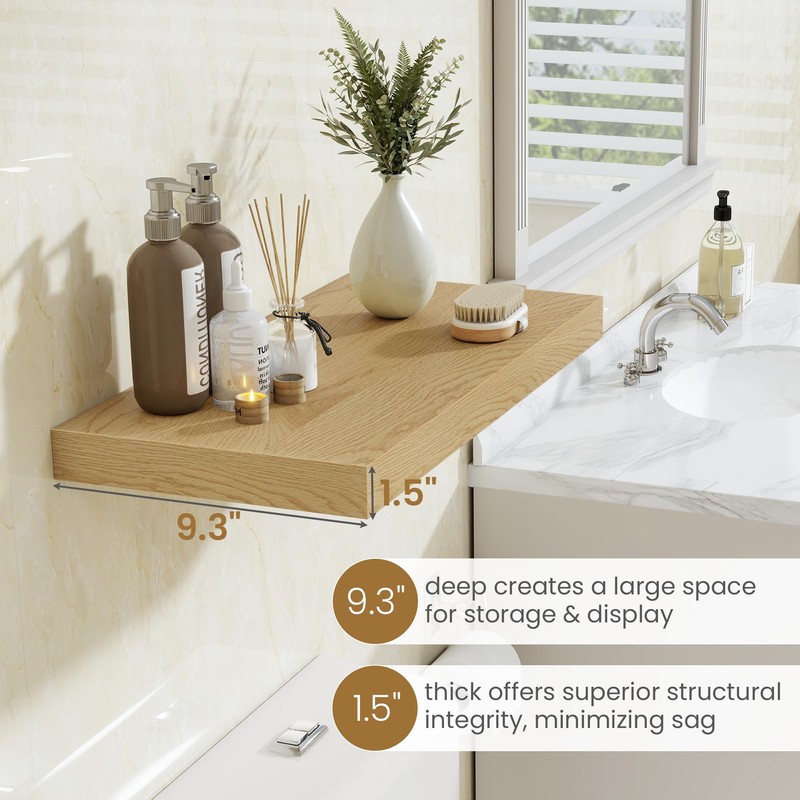48 Inch Long Floating Shelves Oak, 9.3" Deep Floating Shelf