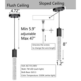 HAIXIANG Set of 2 Pendant Lights for Kitchen Island, White Light, Black Crystal Linear Pendant Lighting, Bar Corner LED Light Fixture