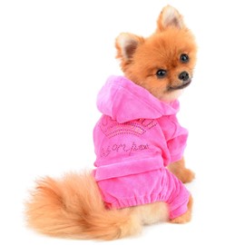 SELMAI Dog Hoodies Jumpsuit for Small Dog Cat Puppy Rhinestone Crown Soft Velvet Winter Hooded Pajamas Tracksuit Outfits Sportswear Jacket with Hat Training Outdoor Pink XS