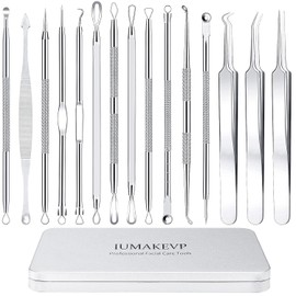 IUMAKEVP Blackhead Remover, Comedone Squeezer Set, 15 Pieces, High-Quality Blackhead Remover Made of Stainless Steel, Blackheads and Pimples on the Face, Pimple Squeezing Tool with Metal Housing (Silver)