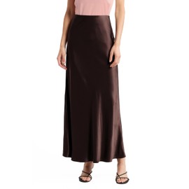 Women's Solid Satin High Waist Midi Long Skirt Hidden Elastic Waistband Office Skirt - Made in USA (Medium,Darkbrown)