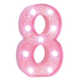 EUFONY Pink LED Light Up Marquee Numbers, Glitter Lighted Numbers Signs Battery Operated for Girls 8th 18th Birthday Party Decorations, Pink Room Table Top Wall Decor, Number 8 with Cool White Lights