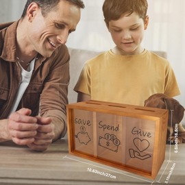 Mczcent Wooden Give Save Spend Money Saving Box for Kids, Money Coin Savings Piggy Bank Jar Box for Kids Safe Money Saver, Teach Children About Giving Saving Giving Money Piggy Box for Boys Girls