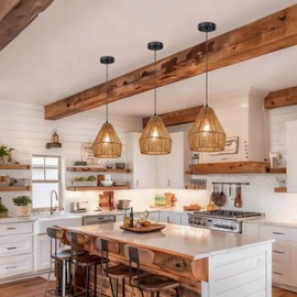 3 Packs Rattan Pendant Light, 9” Boho Black Hanging Light Fixture Kitchen Island, Natural Hand-Woven Pendant Light, Adjustable Farmhouse Chandelier For Sink Island Bar Foyer Bedroom Dining Room
