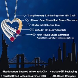 Gem Stone King 925 Silver and 10K Yellow Gold Red Created Ruby and Blue Created Sapphire and White Lab Grown Diamond Heart Pendant for Women | 0.85 Cttw | Gemstone July Birthstone | With 18 Inch Chain