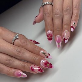 Flower Medium Almond Press on Nails Fake Nails French Tip with Floral and 3D Cherry Designs Full Cover Glossy Glue on Nails Acrylic False Nails for Women Girls 24 Pcs (Pink-3, M-3)