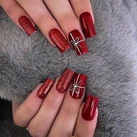 Press on Nails Medium Square Shapes 24Pcs Glossy Full Cover Artificial Glitter Red Fake Nails with Bow Designs Reusable Coffin Acrylic False Nails Glue on Fingernails with Charm for Women