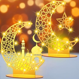 Tujoe 2 Pcs Ramadan Decorations Eid Mubarak Night Light Tabletop Decoration Light up Moon Star Castle Table Decor Ramadan Acrylic Lantern for Home Islamic Muslim Party Supplies(Stylish)