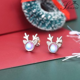 Shuxin Sterling Silver Christmas Earrings for Women, Hypoallergenic Moonstone Reindeer Stud Earrings Cute Elk Earrings Xmas Gifts for Girls
