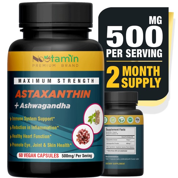 Nootamin Extra Strength Astaxanthin 15mg Supplement with Ashwagandha, 60 Vegan Capsules, Bioavailable Daily Immune Defense and Cardiovascular Support, Promotes Eye, Skin, Joint Health