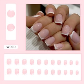 French Tip Square Press on Nails Short Pink Fake Nails Artificial False Nails Acrylic Nails Glossy Full Cover Glue on Nails for Women