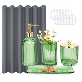 Haturi Bathroom Accessories Set, Grey Bathroom Curtains Shower Set, 5PC Green Glass Bathroom Accessory Set, Lotion Soap Dispenser, Toothbrush Holder, Apothecary Jar, Vanity Tray, Bathroom Decor