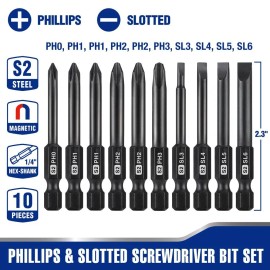 WORKPRO 10pcs Slotted Phillips Screwdriver Bit Set 1/4 Inch Hex Shank Driver Bit