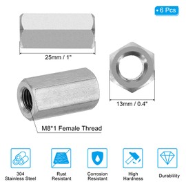 PATIKIL M8 x 1-Pitch 304 Stainless Steel Hex Coupling Nuts, 6Pcs 25mm/ 1" Length Fully Threaded Rod Coupling Nut Studding Connector Fasteners, Silver Tone