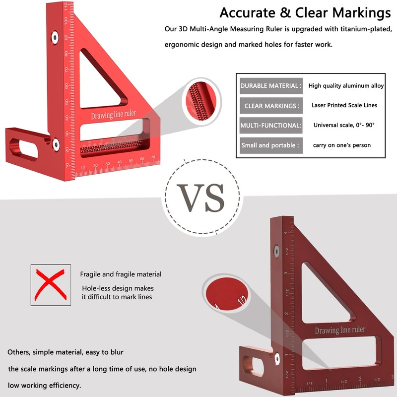 3D Multi-Angle Measuring Ruler,45/90 Degree Aluminum Alloy Woodworking Square Protractor,Ideal