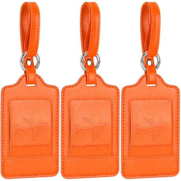 Teskyer Luggage Tags, Suitcase Tags, Business Trip Tags, Name Tags, Number Tags, Bag Name Tags, Leather Travel Tags, Travel Tags, Travel Baggage Labels, Anti-Lost, Pack of 3 (Orange)