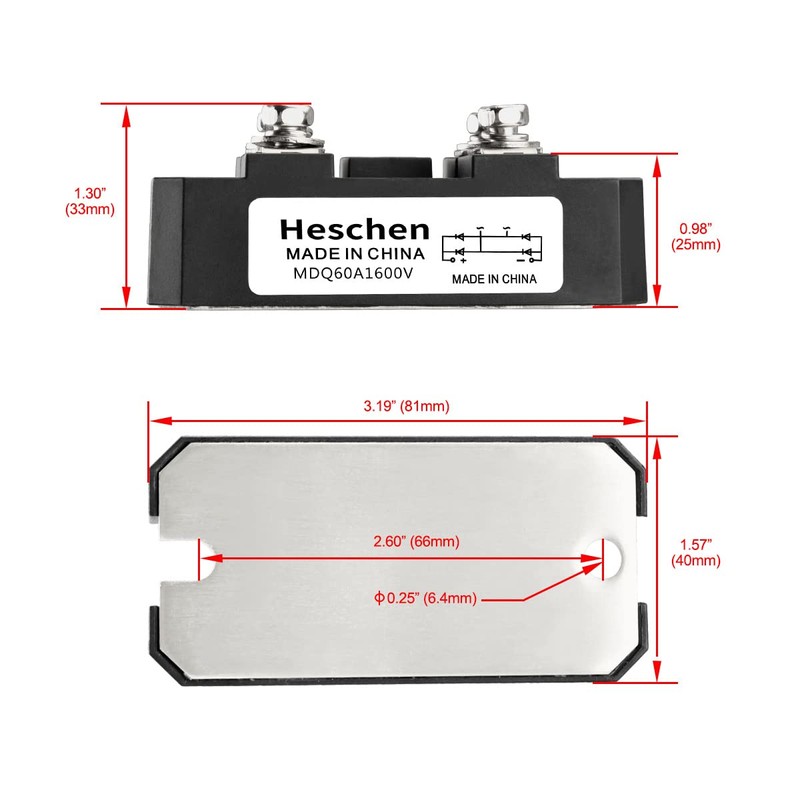 Heschen Single Phase Bridge Rectifier, MDQ-60A, 60A 1600V, Solid Wave,