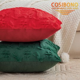 COSIBONO Snowflake Christmas Pillow Covers 20x20 Inch Set of 2, Green Plush Embroidered Reindeer Shaped Throw Pillows for Couch, Soft Faux Fur Decorative Cushion Covers for Winter Holiday Home Decor
