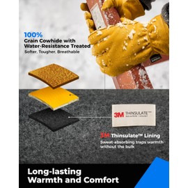 toolant Winter Leather Work Gloves for Men, 100% Grain Cowhide with Water Resistance, Warm Thinsulate Lining, Threaded Cuffs for Wind Protection, Reinforced Palm with Abrasion Resistance, Size Medium