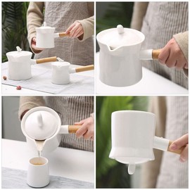 BESTonZON Ceramic Milk Warmer Pot 350ml Enamel Milk Pan Non-stick Milk Saucepan with Lid Porcelain Coffee Pot Food Bowl Butter Warmer with Wooden Handle for Heating Liquid Appetizer