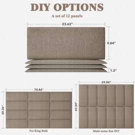 Upholstered Headboard for King Size Bed, Wall Mounted & Peel and Stick Headboard, Soundproof DIY Wall Panels, Fabric Tufted Head board in Modern Design for Bedroom (12 Panels, Each 23.62"x9.84"）