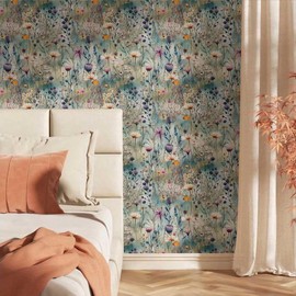 Yzogbry Watercolor Blue Green Purple Beige Wildflower Peel and Stick Wallpaper Wall Decor Self Adhesive Wall Paper Stick on Easy Peel Off Contact for Renter Apartment