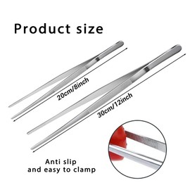 Visxcnu Set of 2 Cooking Tweezers, Cooking Tweezers, Stainless Steel, 20 cm + 30 cm Long, Tweezers Kitchen - Round Barbecue Tweezers for Cooking and Roasting + Kitchen Tweezers Pointed for Decorating