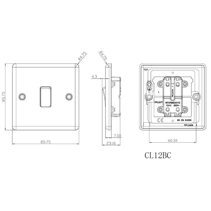 KNIGHTSBRIDGE CL12BC 10AX 1G Intermediate Switch-Rounded Edge Brushed Chrome
