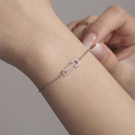 CZ Crystal Safety Pin Bracelet for Women Trendy Cubic Zirconia Gold Plated Stainless Steel Simple Love Classic Paper Clip Link Chain Bracelets Friendship Minimalist Jewelry Best Friends Girlfriend (Silver)