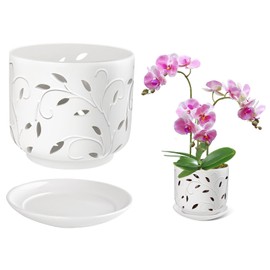 BUYMAX 7 Inch Large Orchid Pots with Holes & Saucers for Orchid Root Health, Ceramic Orchid Planter, Effective Drainage and Ventilation to Assist New Plants or Repotting