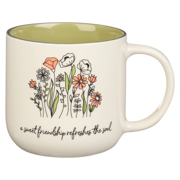 Christian Art Gifts Large Ceramic Coffee & Tea Mug for Women & Friends: Sweet Friendship - Proverbs 27:9 Scripture, Non-toxic/Lead-free, Microwave/Dishwasher Safe Floral Cup, Sage Green/White, 15 oz.