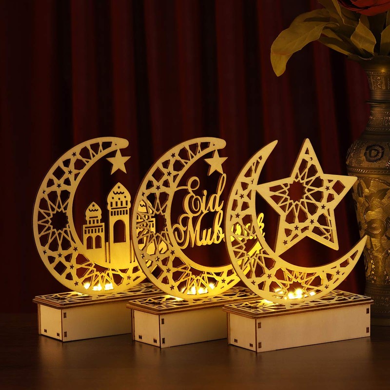 Mobestech 3PCS Ramadan Mubarak Eid Decorations Wooden Moon Star Lights