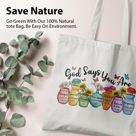 Veqzc God Says You are Christian Canvas Tote Bags for Women, Christian Gifts for Women Faith, Bible Verse Gifts, Inspirational Floral Tote Bags for Women, Reusable Grocery Bags Shopping Bags