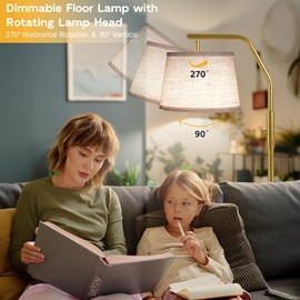 SUNMORY Floor Lamps for Living Room, 9W Bulb Included, Lamp for Bedroom with Adjust Head, Standing Lamp with Rotary Switch, 0-100% Dimmable Floor Lamp for Living Room Bedroom Office Nursery, Gold.