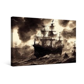 Black and White Canvas Art Flying Dutchman Ship Paintings Vintage Sea Ship Pictures Print on Canvas Wall Decor Boat Artwork Stretched Framed Gallery-Wrapped Ready to Hang 16x12 inch