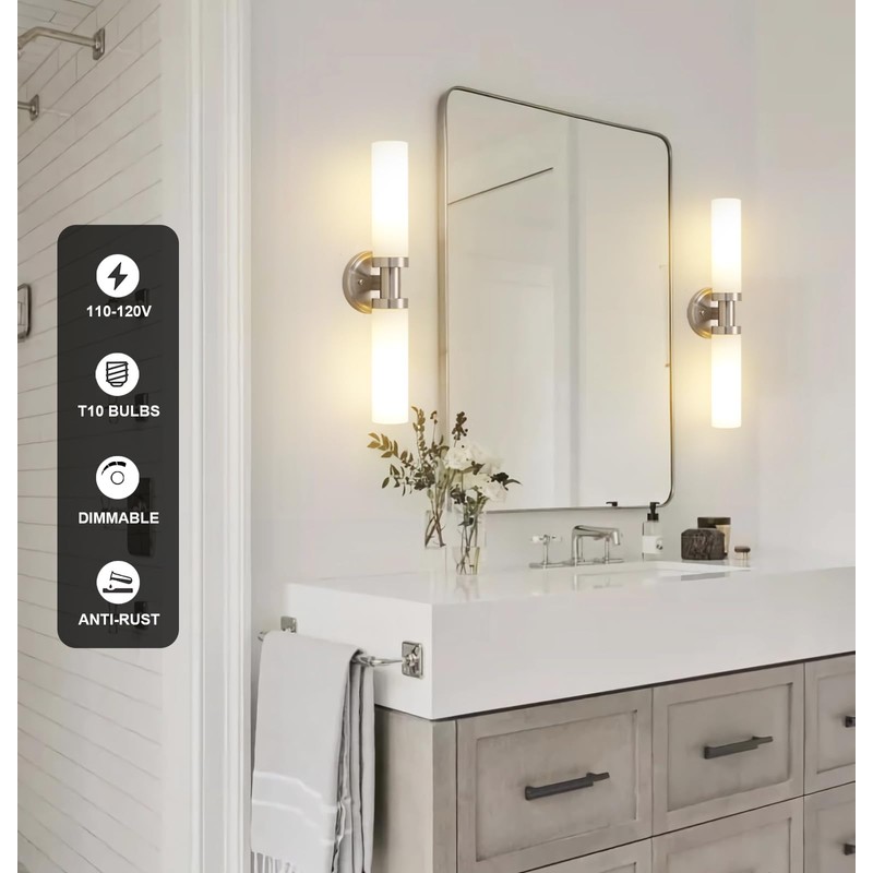 SANTOSTOCK Brushed Nickel Bathroom Light Fixtures, 2-Light Vanity Lights W/White