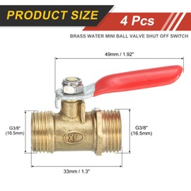 sourcing map 2Pcs Brass Water Mini Ball Valve Shut Off Switch, G3/8" Male x G3/8" Male Tubing Fitting Straight Coupling Adapter, 180 Degree Operation Handle, Brass Valve