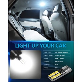 Yorkim 194 LED Bulb White 168 Led T10 2825 W5W Bulb Wedge 24-SMD LED Replacement for Car Interior Map Dome Lights Side Marker Lights Courtesy Trunk License Plate Lights, Pack of 4