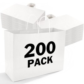 XPCARE 200Pack Paper Gift Bags with Handles Bulk,16x6x12 Inch Plain Natural Kraft Bags Packaging,White Paper Bags,for Birthday Party,Boutiques,Small Business,Retail Stores,Merchandise