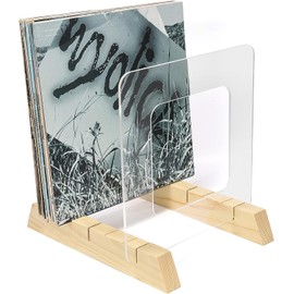 BADALU Vinyl Record Storage Holder, Vinyl Records Storage with Non-Slip Deep Groove Design Hold Up to 60 Albums 7 or 12 Inch LPs Display Stand Solid Wood Base with Top Grade Acrylic Record Holder