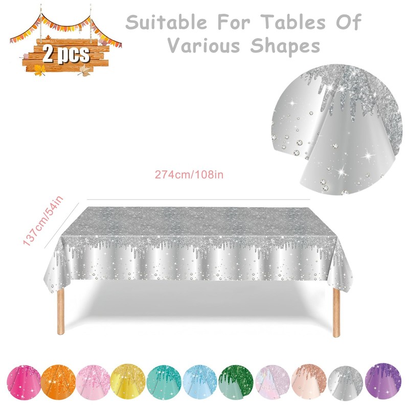 2P Silver Party Plastic Table Cloth,137x274cm Shiny Glitter Silver Tablecloths