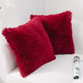 NordECO HOME Christmas Pillow Covers Faux Fur Fleece Cushion Cover Pillowcase Decorative Throw Pillows Covers, No Pillow Insert, 18" x 18" Inch, Wine Red, 2 Pack