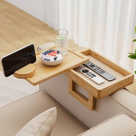 Wealone Mini Couch Arm Table for Narrow Armrest, Bamboo Sofa Arm Tray with Storage Box, Rotating Tabletop and Phone Stand, Adjustable Sofa Arm Table Clip for Snacks or Dining, Armrest ≤7" Wide