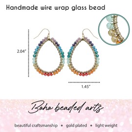 Bohemian Boho Teardrop Dangle Drop Earrings for Women – Delicate - Handcrafted Wire Wrapped Colorful Faceted Glass Beads – Gold Plated – with Gift Box Included (Rainbow Multi)