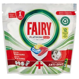 Fairy Platinum Spülmaschinentabs Plus, Klarspüler, 12 Spülmaschinenkapseln, Zitrone, Anti-Matt-Technologie mit Klarspülwirkung, gegen Fett und hartnäckige Verkrustungen