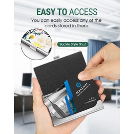 MaxGear Metal Business Card Holder for Men & Women, Professional Stainless Steel Card Case for Business Cards, Slim Purse Name Cards Holders with Interior Lining, Buckle Style Shut, White Floral