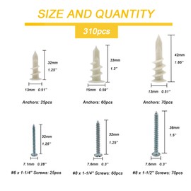 Kevinrooty 3 Sizes Self Drilling Drywall Anchors, 310PCS Nylon Plastic Wall Anchors and Screws for Drywall, No Pre Drill Hole Preparation Required,13x32mm,15x33mm,13x42mm
